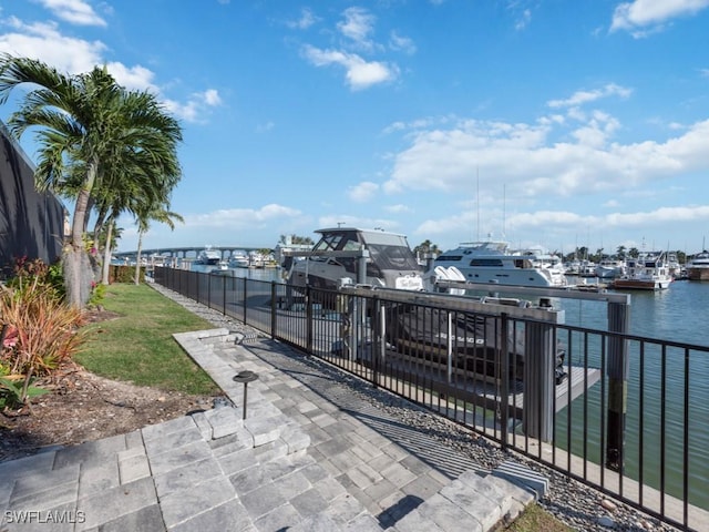 view of patio / terrace featuring a water view