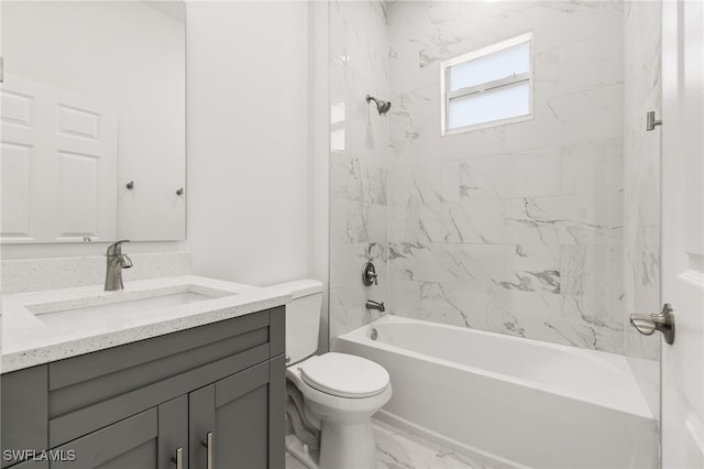 full bath featuring toilet, marble finish floor, shower / bathing tub combination, and vanity