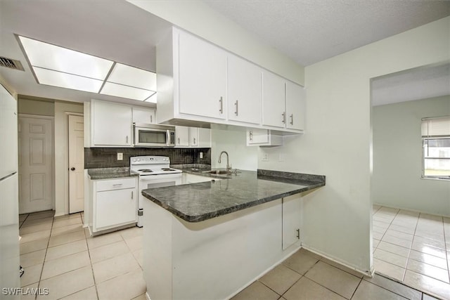 kitchen with white cabinets, white electric stove, decorative backsplash, sink, and kitchen peninsula