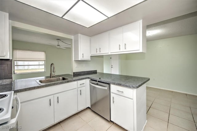 kitchen featuring stainless steel dishwasher, white cabinets, and kitchen peninsula