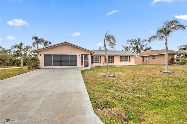 ranch-style house with a garage and a front lawn