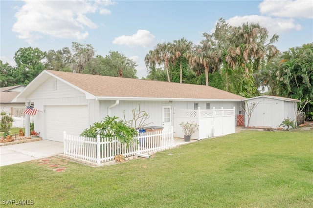 14943 Randolph Dr, Fort Myers, FL 33905 - ranch-style home with roof with shingles, fence, a front yard, a garage, and a storage shed