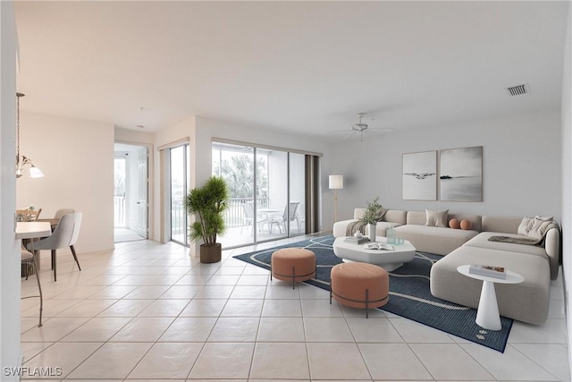 tiled living room with ceiling fan with notable chandelier