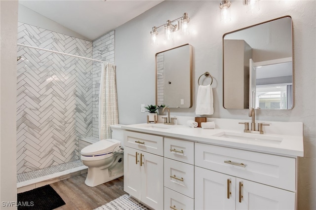 bathroom with toilet, a shower with curtain, hardwood / wood-style flooring, and vanity