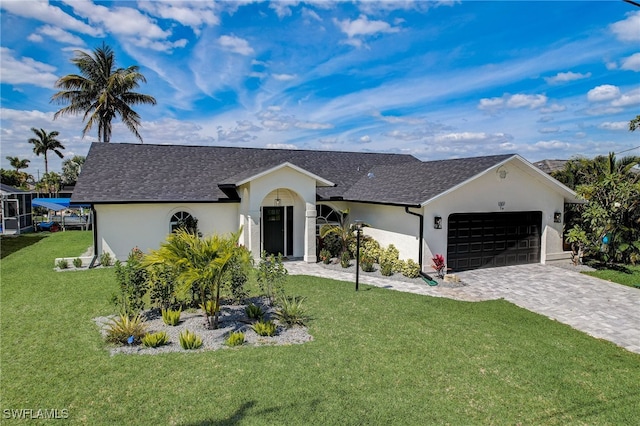 ranch-style home featuring a garage and a front yard