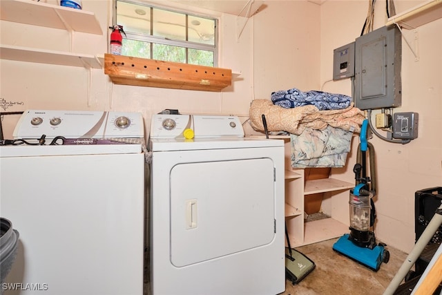 laundry area with washing machine and dryer and electric panel