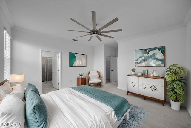 bedroom with ceiling fan, visible vents, crown molding, and light colored carpet