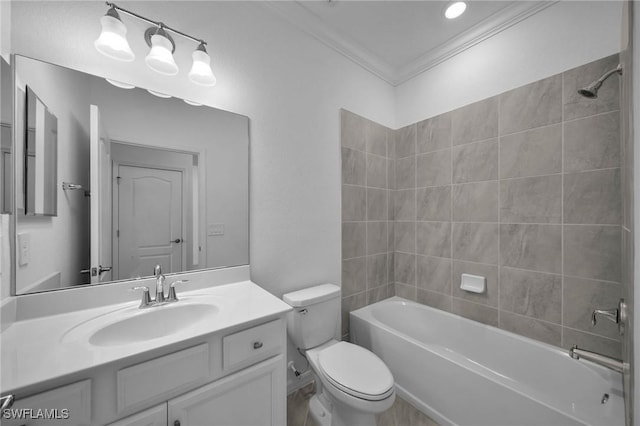 bathroom with crown molding, vanity, toilet, and shower / bathtub combination