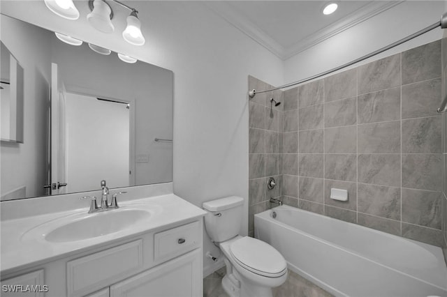 full bathroom featuring toilet, shower / bathing tub combination, vanity, and crown molding