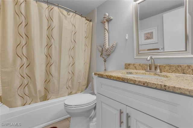 full bathroom with toilet, vanity, tile patterned flooring, and shower / bathtub combination with curtain