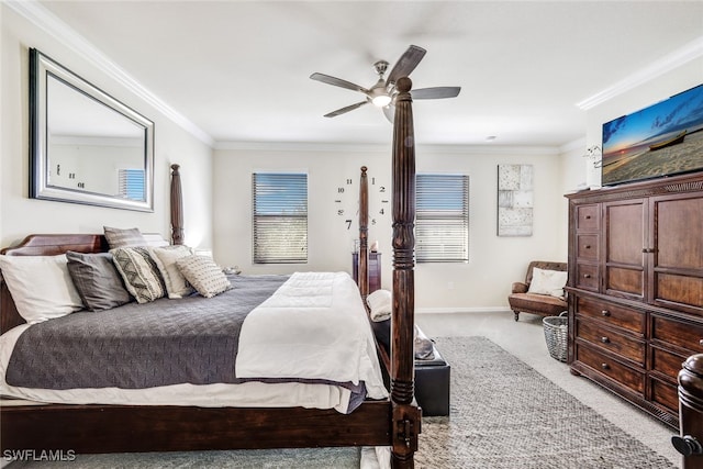 bedroom featuring light carpet, ceiling fan, and crown molding