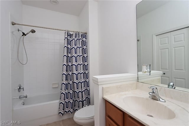 full bathroom with vanity, shower / bath combination with curtain, and toilet