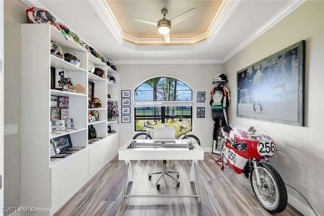 office space with ceiling fan, crown molding, light hardwood / wood-style floors, and a raised ceiling