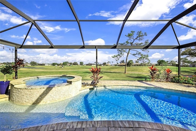 view of swimming pool featuring a lawn, glass enclosure, and an in ground hot tub