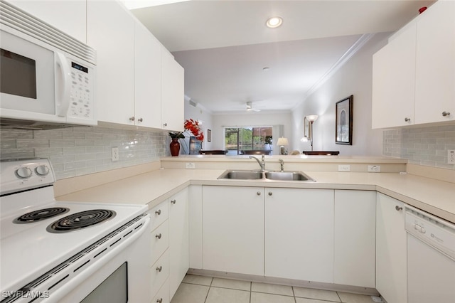 kitchen featuring kitchen peninsula, sink, white cabinets, and white appliances