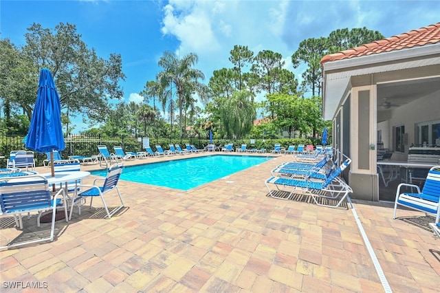 view of pool with a patio area and ceiling fan