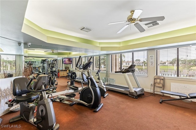 gym with ceiling fan, a wealth of natural light, and carpet