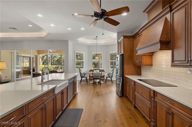 kitchen with sink, hanging light fixtures, a tray ceiling, custom range hood, and stainless steel appliances