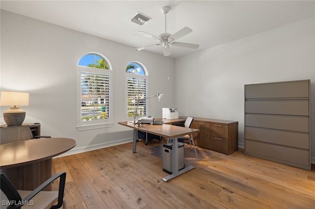 office with ceiling fan and light hardwood / wood-style floors