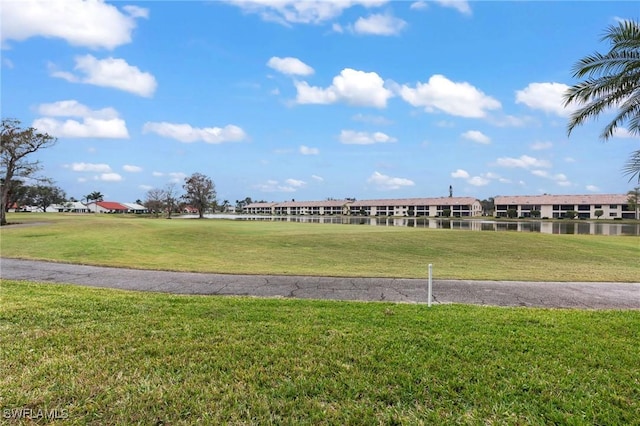 view of home's community with a water view and a lawn