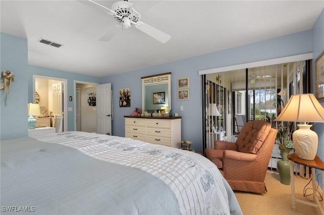 bedroom with ceiling fan, baseboard heating, carpet floors, and access to outside