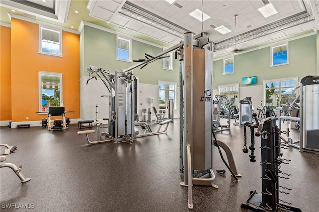 exercise room featuring a high ceiling and crown molding