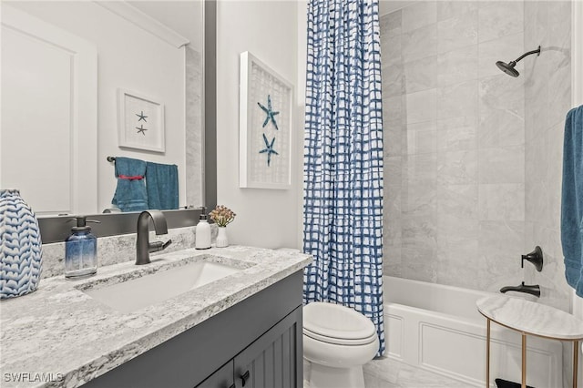 full bathroom with vanity, toilet, ornamental molding, and shower / bath combo with shower curtain