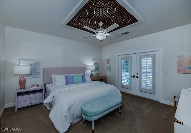 carpeted bedroom with access to outside, ceiling fan, and french doors