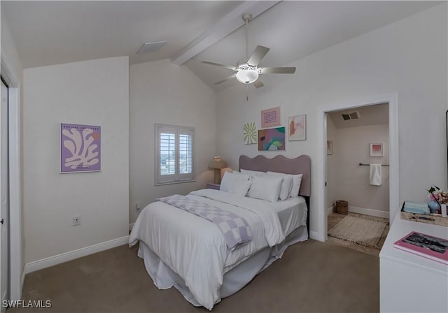 carpeted bedroom featuring ceiling fan and lofted ceiling with beams