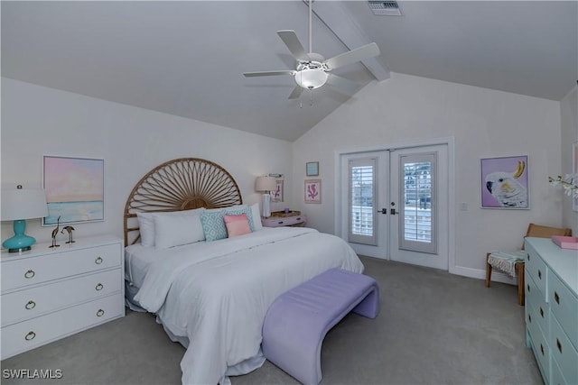 carpeted bedroom featuring french doors, vaulted ceiling with beams, ceiling fan, and access to outside