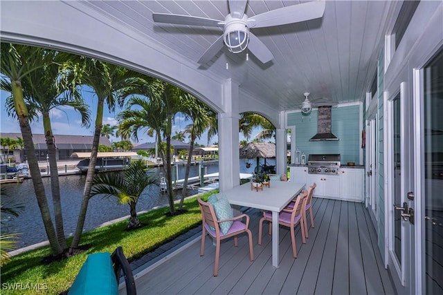 wooden deck with grilling area, ceiling fan, and a water view