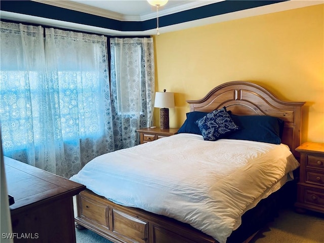 bedroom featuring dark carpet