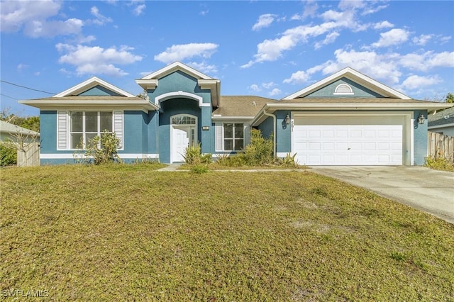 ranch-style house with a front lawn and a garage