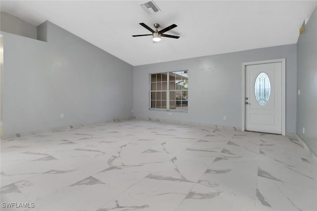 entrance foyer with ceiling fan and lofted ceiling