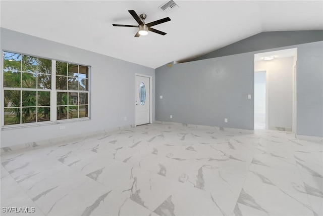 unfurnished living room with lofted ceiling and ceiling fan