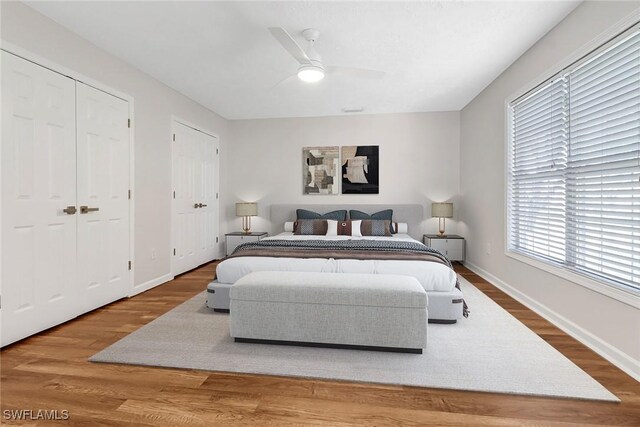 bedroom with ceiling fan, two closets, and hardwood / wood-style flooring