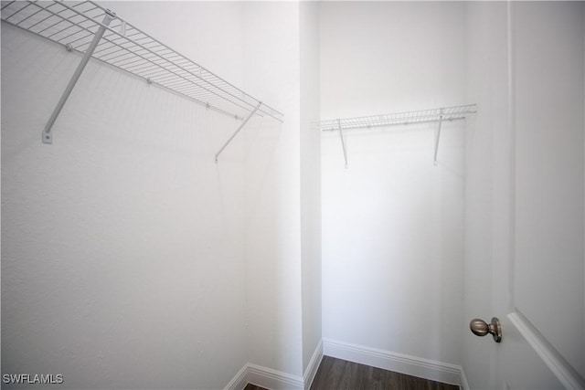 walk in closet with dark wood-type flooring