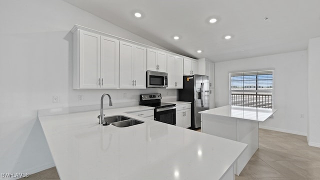 kitchen with stainless steel appliances, white cabinets, kitchen peninsula, and sink