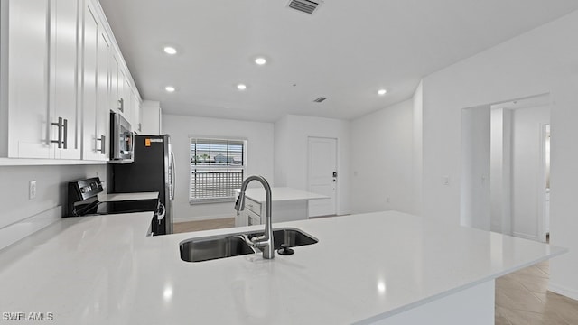 kitchen featuring kitchen peninsula, white cabinets, black / electric stove, and sink