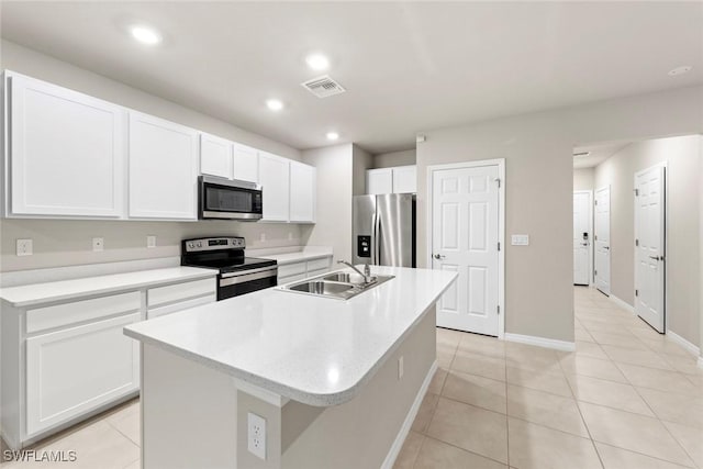 kitchen with white cabinets, sink, an island with sink, and stainless steel appliances