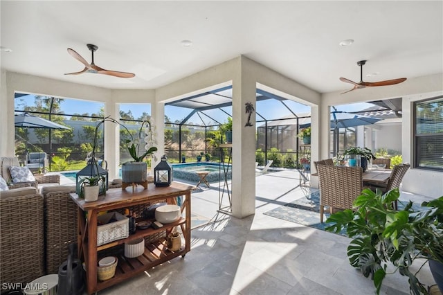 sunroom / solarium featuring a swimming pool