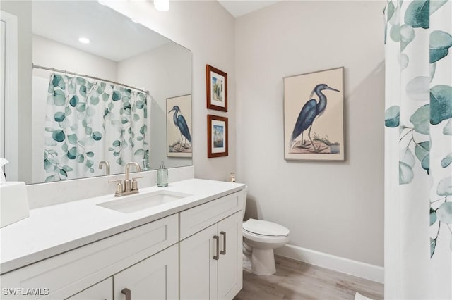 bathroom with toilet, hardwood / wood-style floors, vanity, and curtained shower