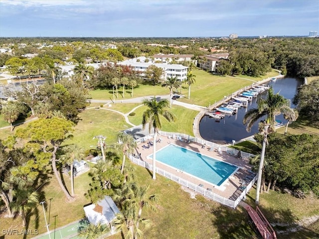 birds eye view of property featuring a water view