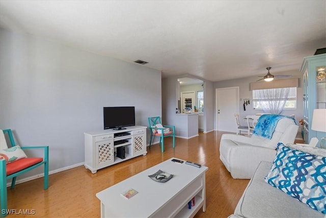 living room featuring ceiling fan and wood-type flooring