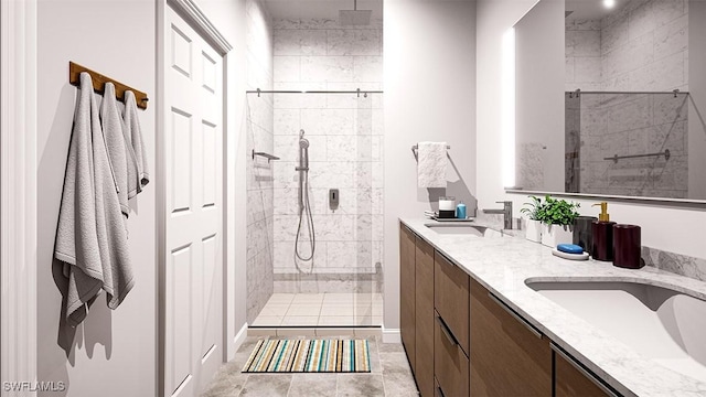 bathroom with tile patterned floors, walk in shower, and vanity