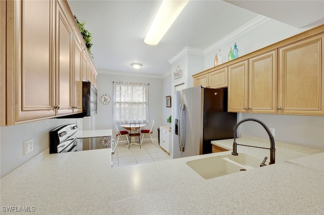 kitchen with crown molding, light brown cabinets, stainless steel refrigerator with ice dispenser, sink, and electric range oven