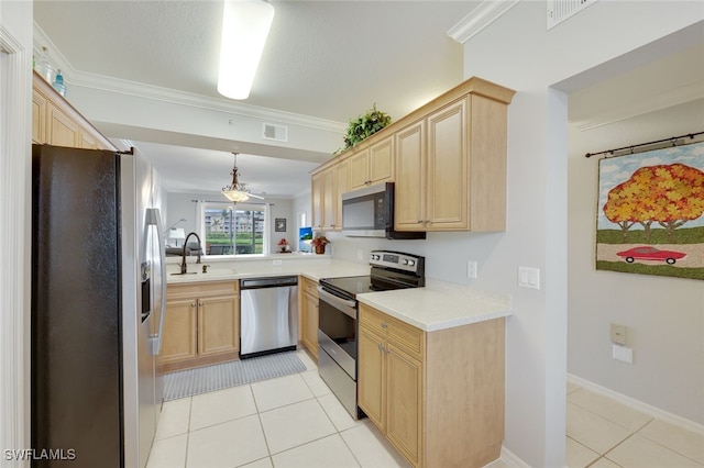 kitchen featuring sink, light tile patterned floors, ornamental molding, and stainless steel appliances