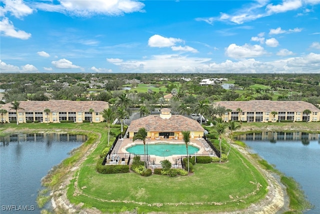 drone / aerial view with a water view