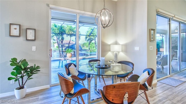 dining area with a notable chandelier and light wood-type flooring