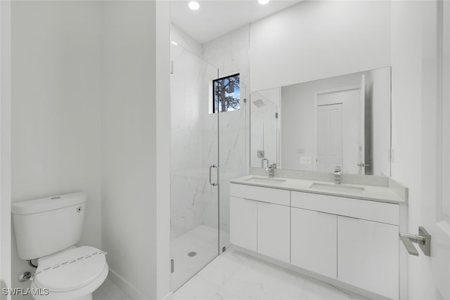 bathroom featuring marble finish floor, a sink, a marble finish shower, and toilet